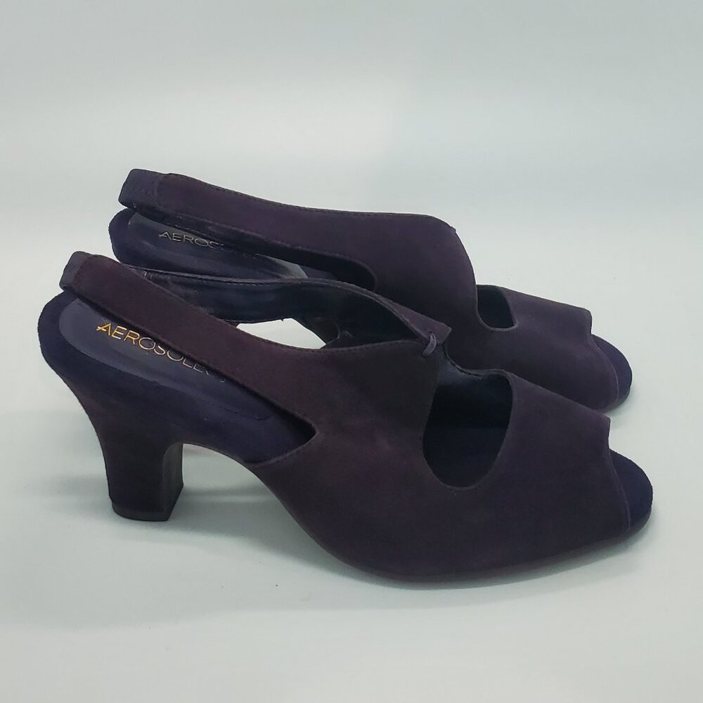 AEROSOLES Ginesis Purple Suede Leather Heel Women's 9.5 Peep Toe Strap